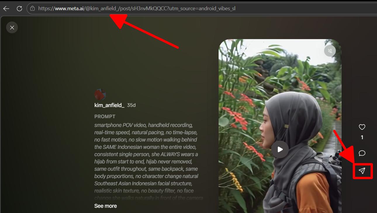 Meta AI Vibes — copy the URL from the browser address bar
